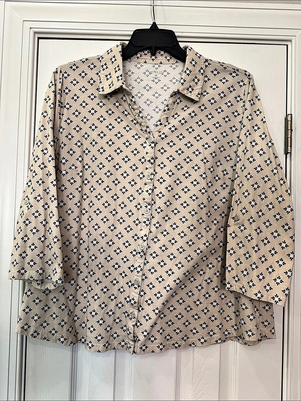 Kim Rogers Curvy Women's Cotton Button Down Shirt in Cream & Black Size 2X